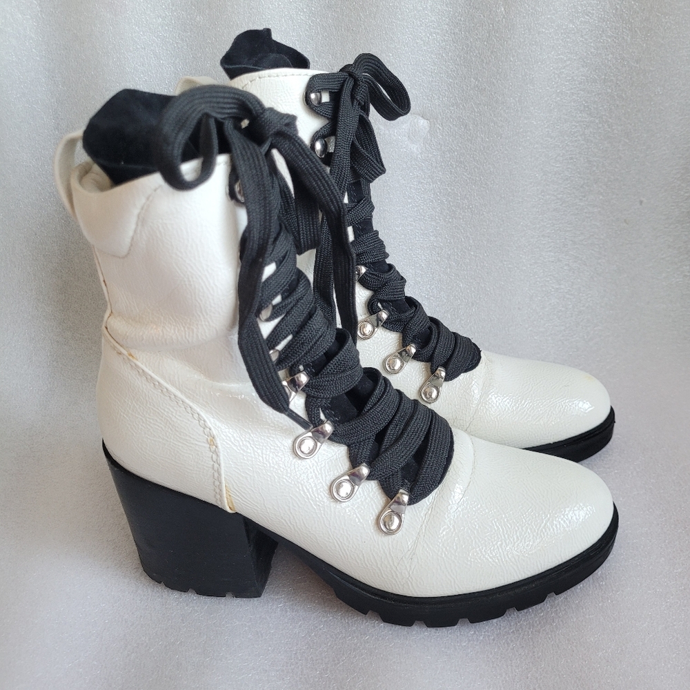 White Patent Leather Block Heel Combat Boots Kendall & Kylie Spencer Boot Size 7 - Picture 4 of 12
